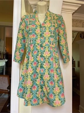Matilda Jane ladies green yellow pink etc. floral design button up dress Sz Sm